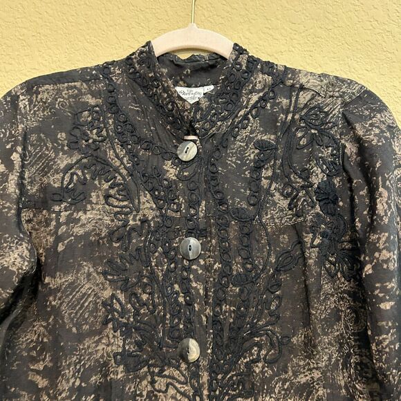 Parsley & Sage Embroidered Button Up Jacket Women Medium Black Tan Art Lagenlook - Picture 4 of 8